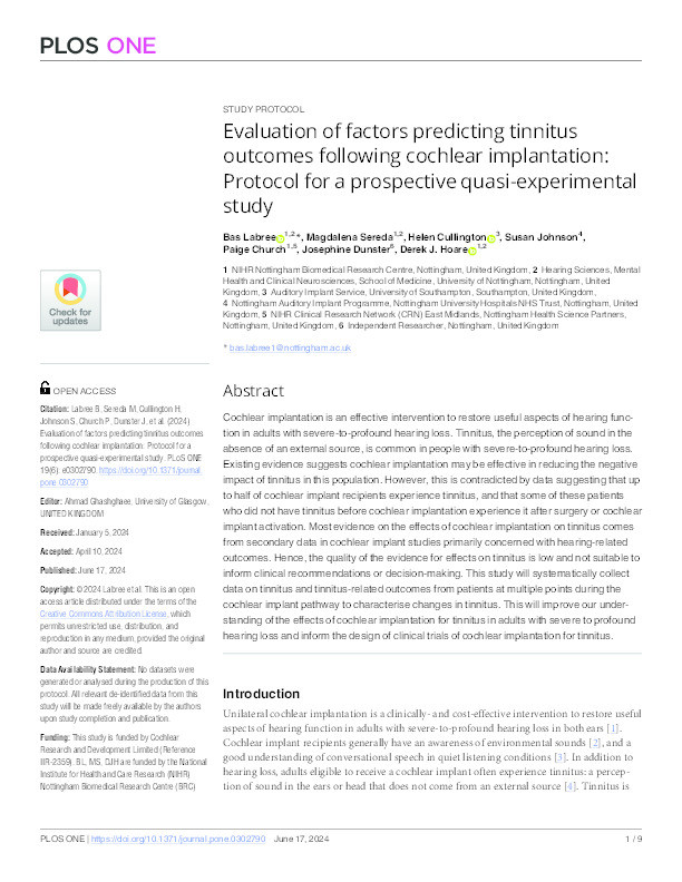 Evaluation of factors predicting tinnitus outcomes following cochlear implantation: Protocol for a prospective quasi-experimental study Thumbnail