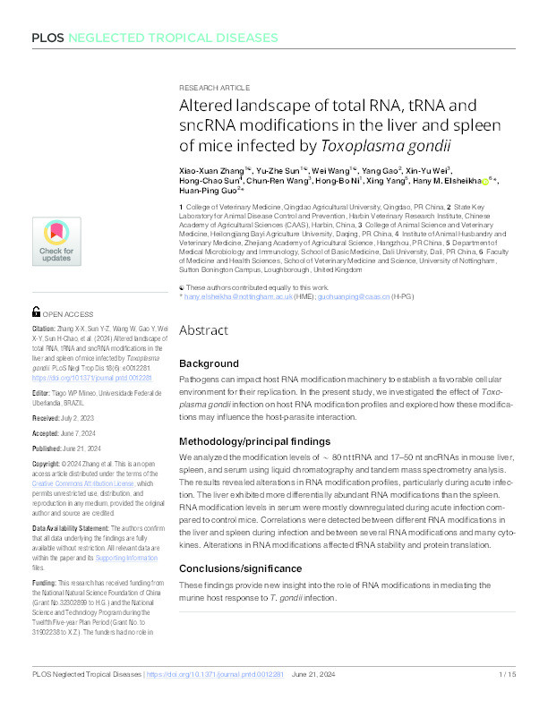 Altered landscape of total RNA, tRNA and sncRNA modifications in the liver and spleen of mice infected by Toxoplasma gondii Thumbnail