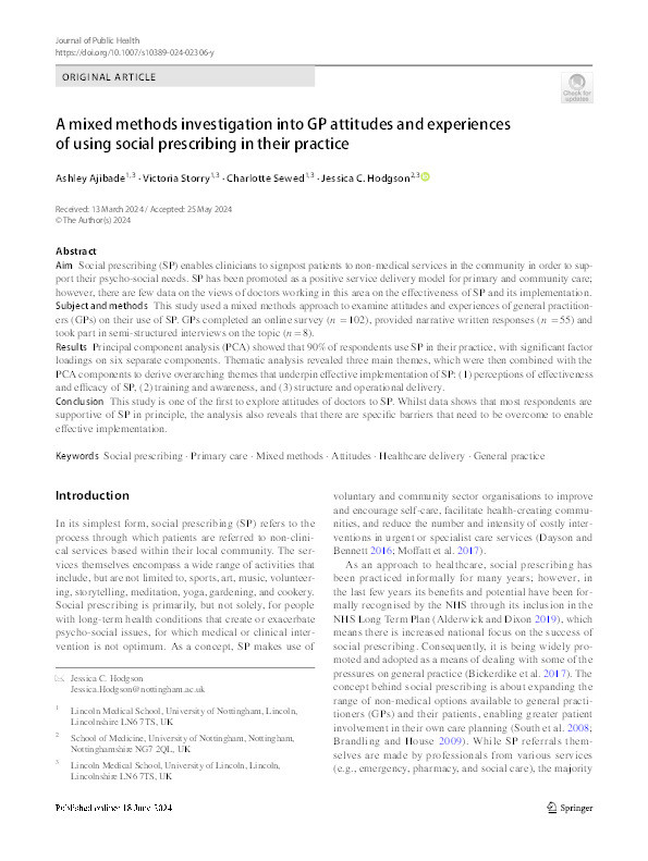 A mixed methods investigation into GP attitudes and experiences of using social prescribing in their practice Thumbnail