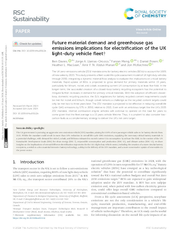 Future material demand and greenhouse gas emissions implications for electrification of the UK light-duty vehicle fleet Thumbnail