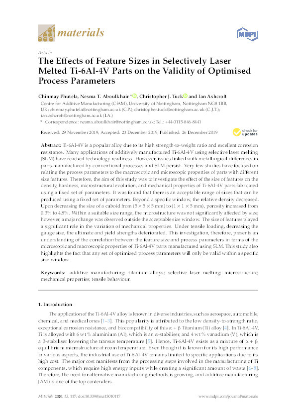 The Effects of Feature Sizes in Selectively Laser Melted Ti-6Al-4V Parts on the Validity of Optimised Process Parameters Thumbnail