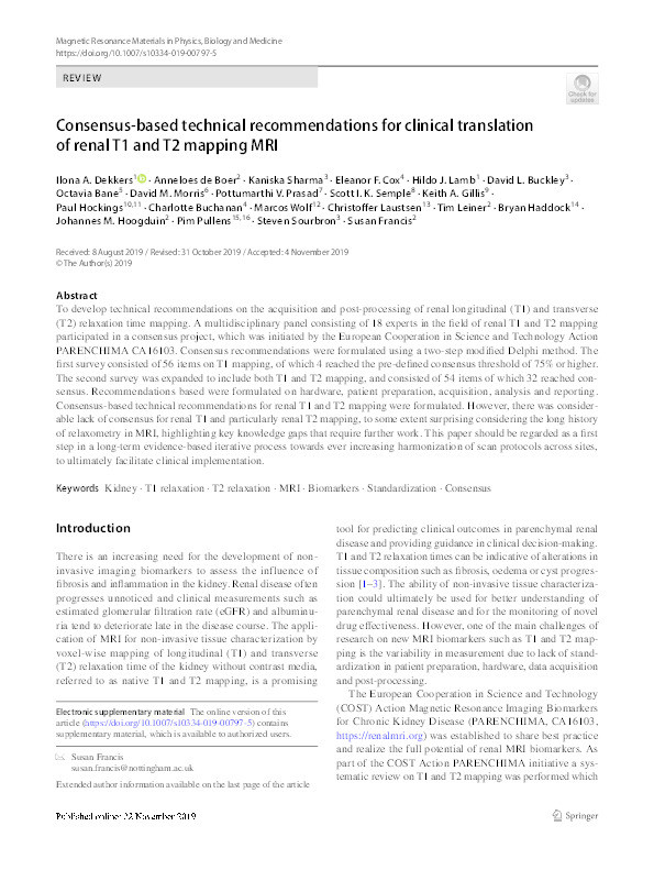 Consensus-based technical recommendations for clinical translation of renal T1 and T2 mapping MRI Thumbnail