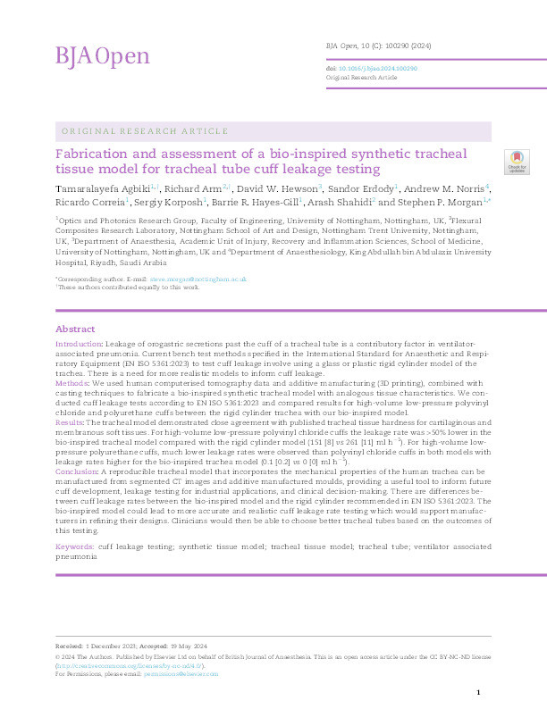 Fabrication and assessment of a bio-inspired synthetic tracheal tissue model for tracheal tube cuff leakage testing Thumbnail