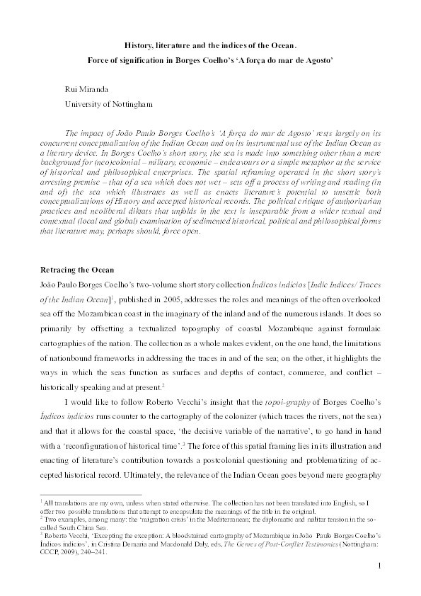 History, literature and the indices of the Ocean: Force of signification in Borges Coelho’s ‘”A força do mar de Agosto” Thumbnail