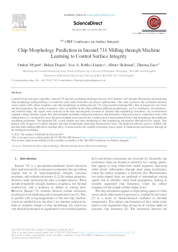 Chip Morphology Prediction in Inconel 718 Milling through Machine Learning to Control Surface Integrity Thumbnail