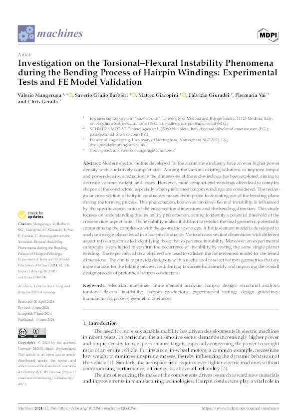 Investigation on the Torsional–Flexural Instability Phenomena during the Bending Process of Hairpin Windings: Experimental Tests and FE Model Validation Thumbnail