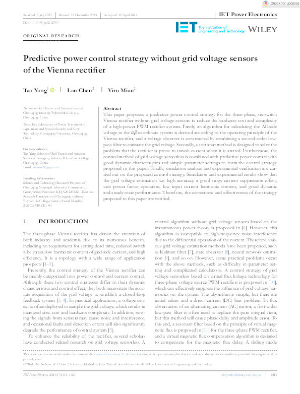 Predictive power control strategy without grid voltage sensors of the Vienna rectifier Thumbnail