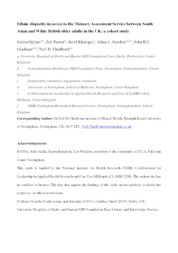 Ethnic disparity in access to the memory assessment service between South Asian and white British older adults in the United Kingdom: A cohort study Thumbnail