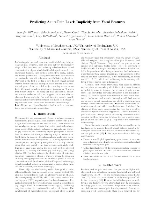 Predicting Acute Pain Levels Implicitly from Vocal Features Thumbnail