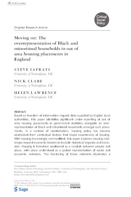 Moving on: The overrepresentation of Black and minoritised households in out of area housing placements in England Thumbnail