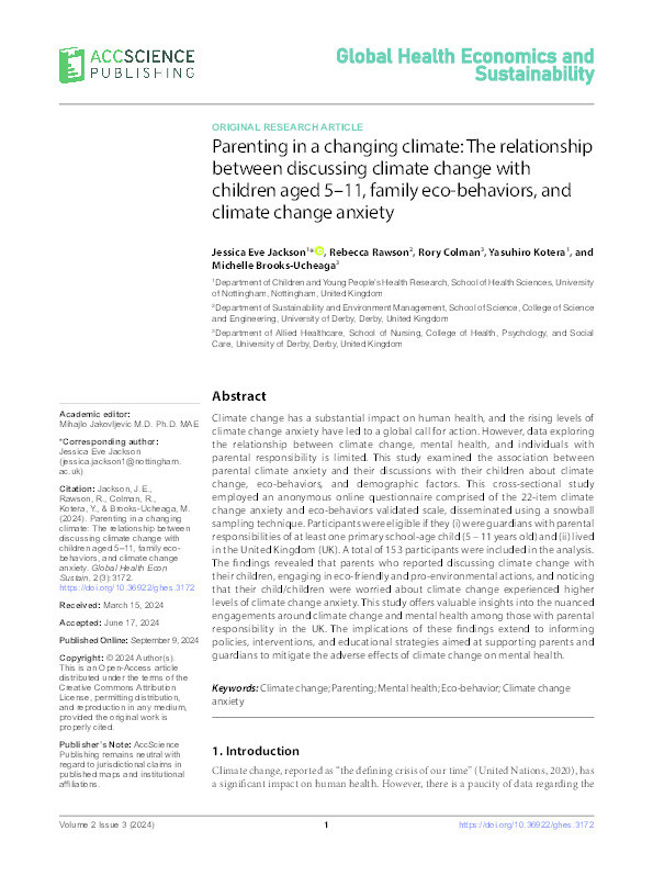 Parenting in a changing climate: the relationship between talking to children aged 5-11 about climate change, family eco-behaviours and climate change anxiety Thumbnail