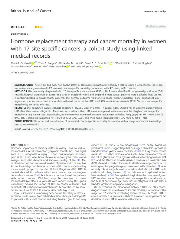 Hormone replacement therapy and cancer mortality in women with 17 site-specific cancers: a cohort study using linked medical records Thumbnail