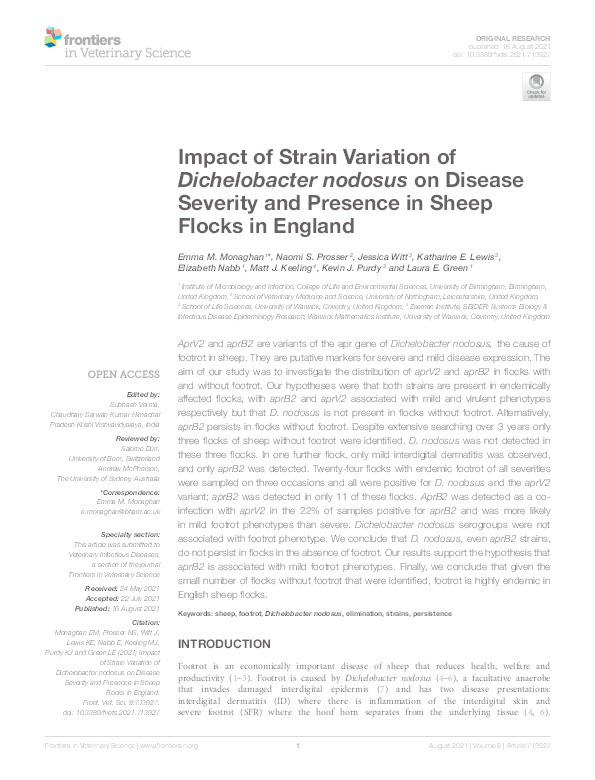 Impact of Strain Variation of Dichelobacter nodosus on Disease Severity and Presence in Sheep Flocks in England Thumbnail