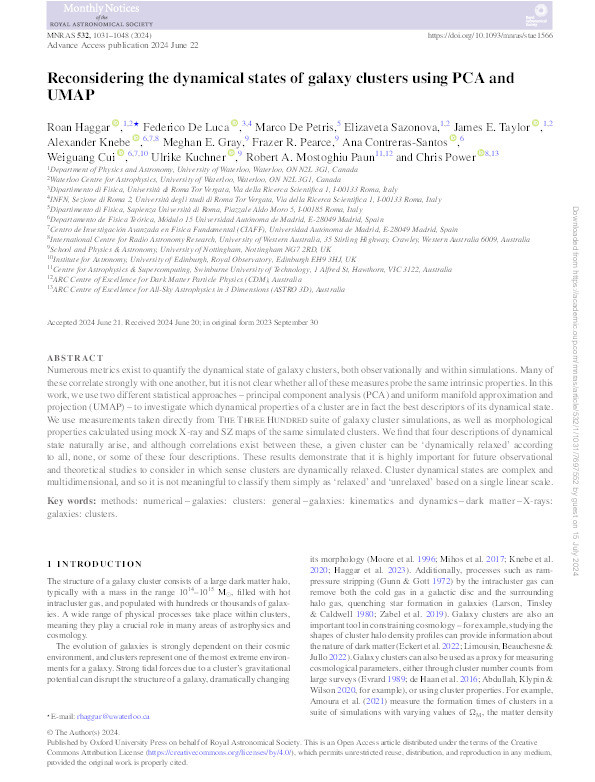 Reconsidering the dynamical states of galaxy clusters using PCA and UMAP Thumbnail