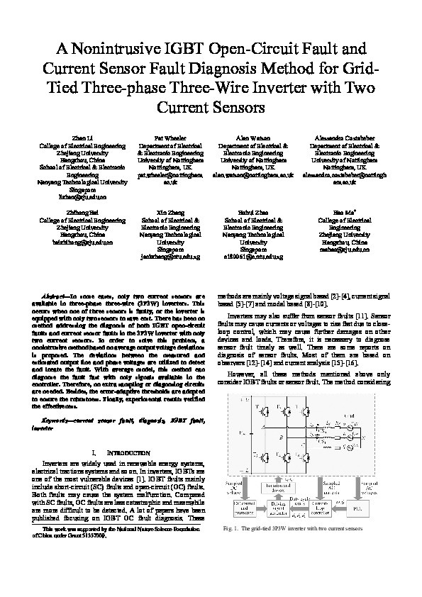 A Nonintrusive IGBT Open-Circuit Fault and Current Sensor Fault Diagnosis Method for Grid-Tied Three-phase Three-Wire Inverter with Two Current Sensors Thumbnail