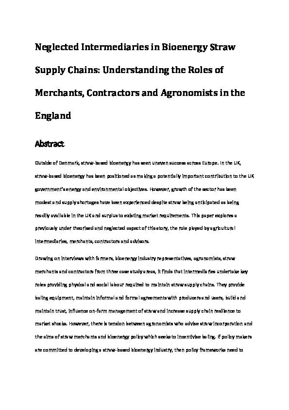 Neglected intermediaries in bioenergy straw supply chains: Understanding the roles of merchants, contractors and agronomists in England Thumbnail