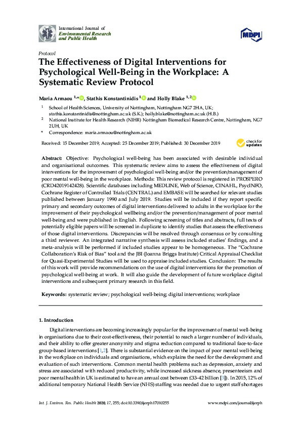 The Effectiveness of Digital Interventions for Psychological Well-Being in the Workplace: A Systematic Review Protocol Thumbnail