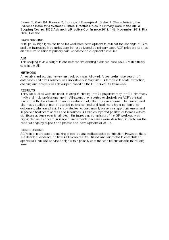 Characterising the Evidence Base for Advanced Clinical Practice Roles in Primary Care in the UK: A Scoping Review Thumbnail