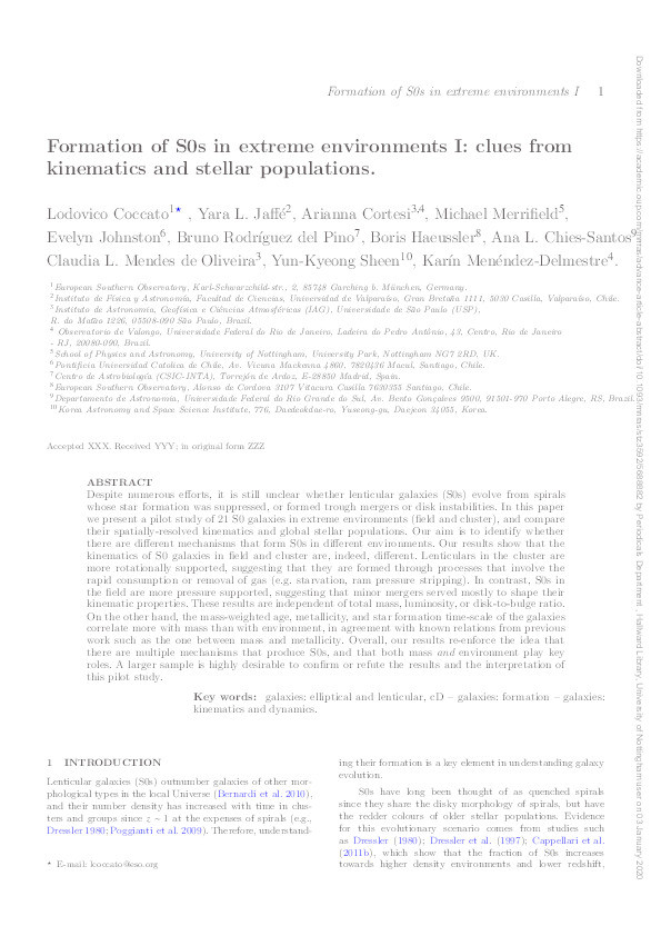 Formation of S0s in extreme environments I: clues from kinematics and stellar populations Thumbnail