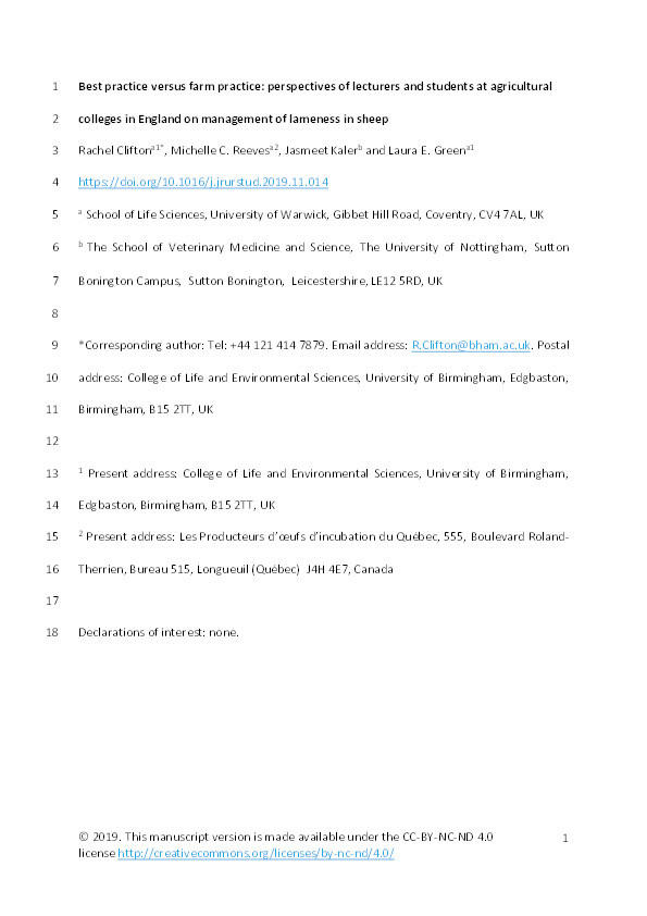 Best practice versus farm practice: Perspectives of lecturers and students at agricultural colleges in England on management of lameness in sheep Thumbnail