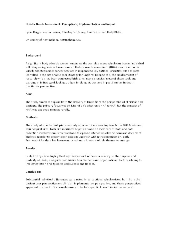 Holistic Needs Assessment: Perceptions, Implementation and Impact Thumbnail