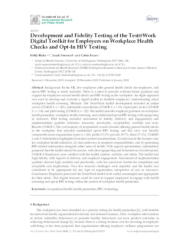 Development and Fidelity Testing of the Test@Work Digital Toolkit for Employers on Workplace Health Checks and Opt-In HIV Testing Thumbnail