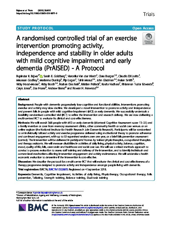 A randomised controlled trial of an exercise intervention promoting activity, independence and stability in older adults with mild cognitive impairment and early dementia (PrAISED) - A Protocol Thumbnail