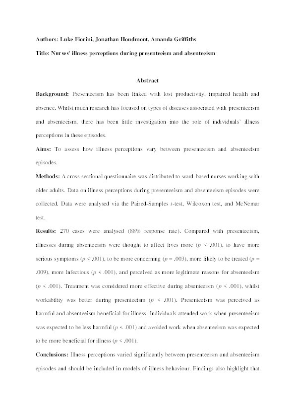 Nurses' illness perceptions during presenteeism and absenteeism Thumbnail