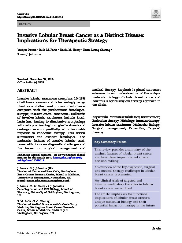 Invasive Lobular Breast Cancer as a Distinct Disease: Implications for Therapeutic Strategy Thumbnail