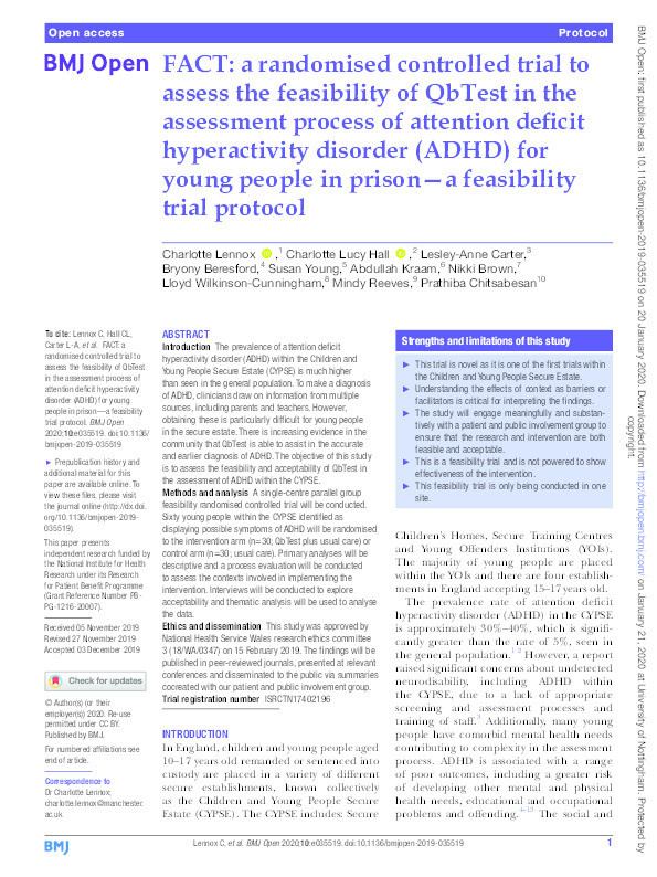 FACT: a randomised controlled trial to assess the feasibility of QbTest in the assessment process of attention deficit hyperactivity disorder (ADHD) for young people in prison—a feasibility trial protocol Thumbnail