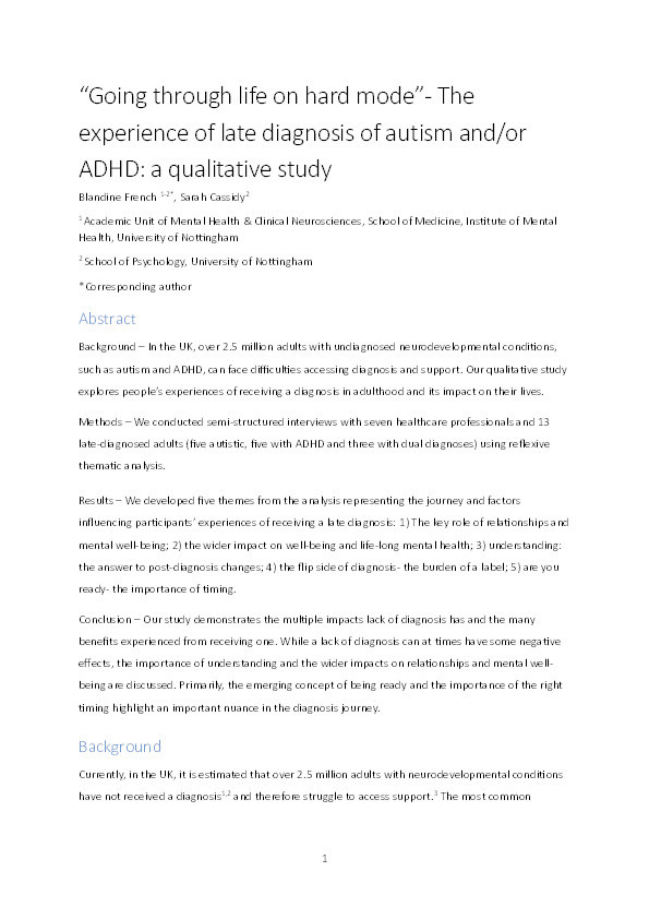 “Going Through Life on Hard Mode”—The Experience of Late Diagnosis of Autism and/or ADHD: A Qualitative Study Thumbnail