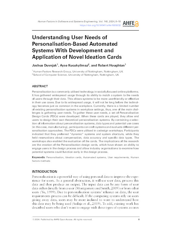 Understanding user needs of personalisation-based automated systems with development and application of novel ideation cards Thumbnail