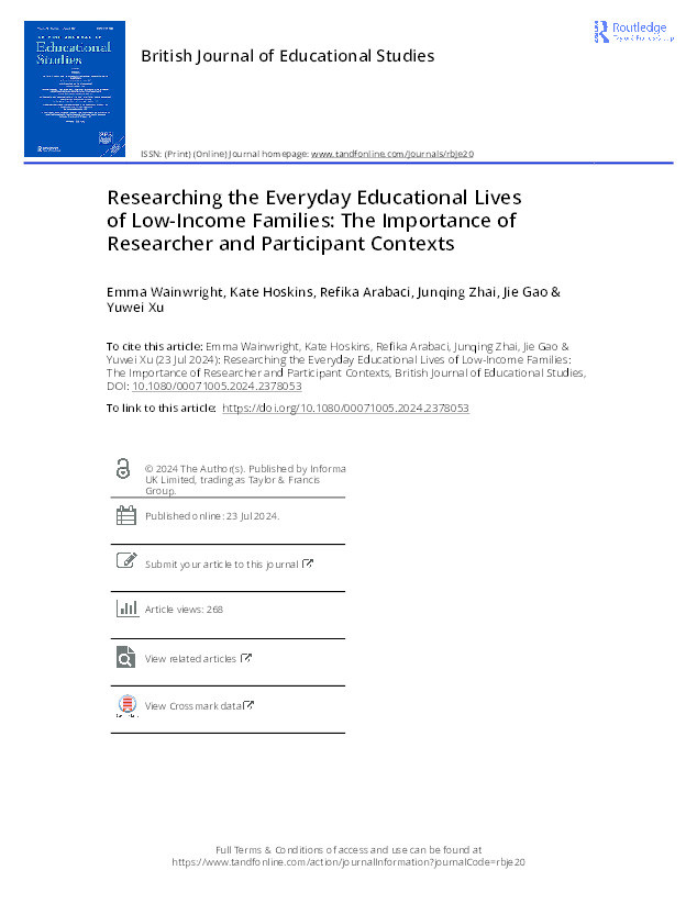 Researching the everyday educational lives of low-income families: the importance of researcher and participant contexts Thumbnail