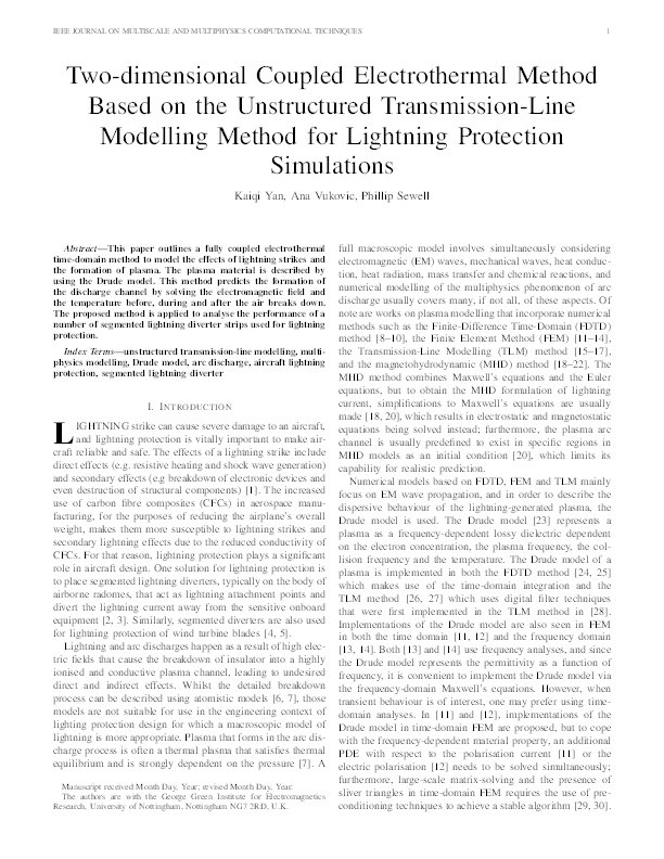 Two-Dimensional Coupled Electrothermal Method Based on the Unstructured Transmission-Line Modelling Method for Lightning Protection Simulations Thumbnail