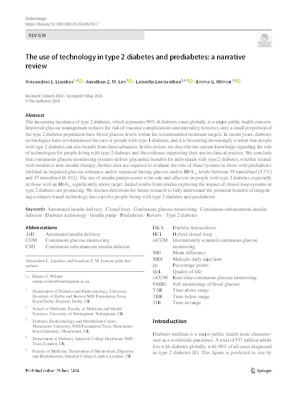 The use of technology in type 2 diabetes and prediabetes: a narrative review Thumbnail