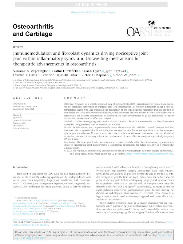 Immunomodulation and fibroblast dynamics driving nociceptive joint pain within inflammatory synovium: Unravelling mechanisms for therapeutic advancements in osteoarthritis Thumbnail