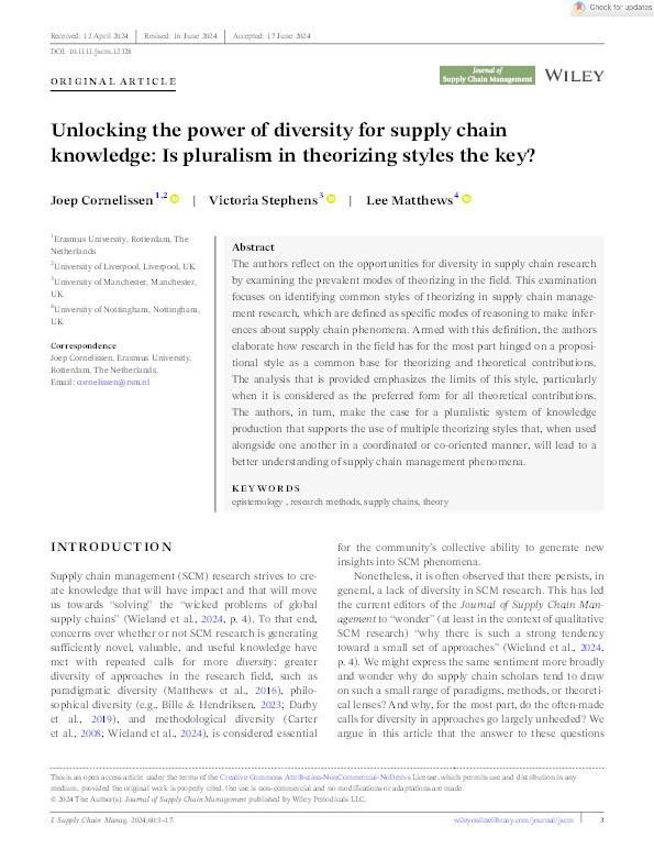 Unlocking the power of diversity for supply chain knowledge: Is pluralism in theorizing styles the key? Thumbnail