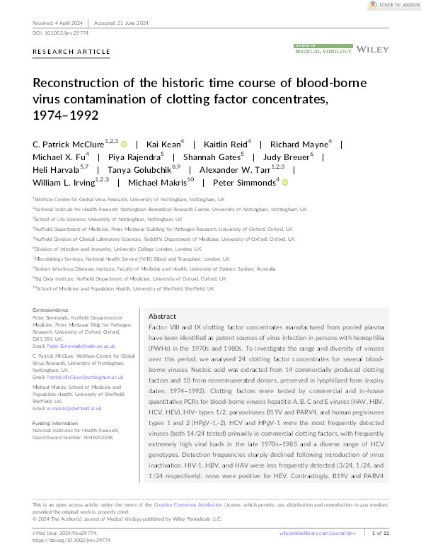 Reconstruction of the historic time course of blood‐borne virus contamination of clotting factor concentrates, 1974–1992 Thumbnail