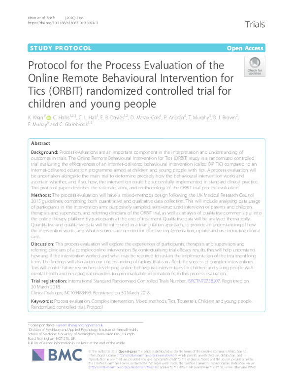 Protocol for the Process Evaluation of the Online Remote Behavioural Intervention for Tics (ORBIT) randomized controlled trial for children and young people Thumbnail