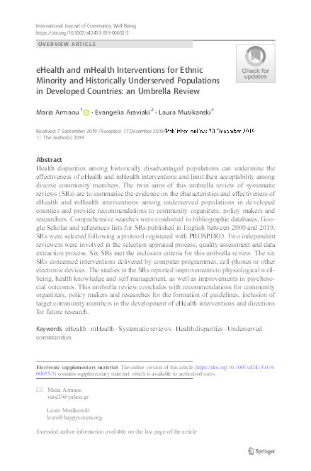 eHealth and mHealth Interventions for Ethnic Minority and Historically Underserved Populations in Developed Countries: an Umbrella Review Thumbnail