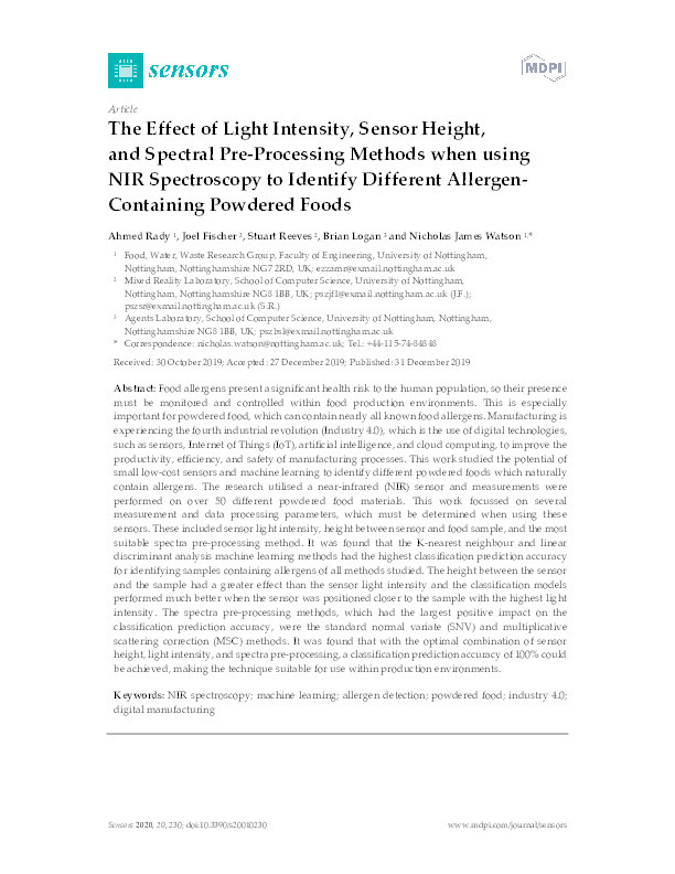 The Effect of Light Intensity, Sensor Height, and Spectral Pre-Processing Methods When Using NIR Spectroscopy to Identify Different Allergen-Containing Powdered Foods Thumbnail