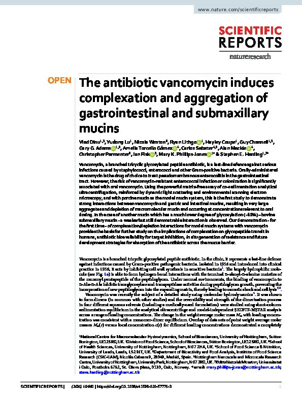 The antibiotic vancomycin induces complexation and aggregation of gastrointestinal and submaxillary mucins Thumbnail