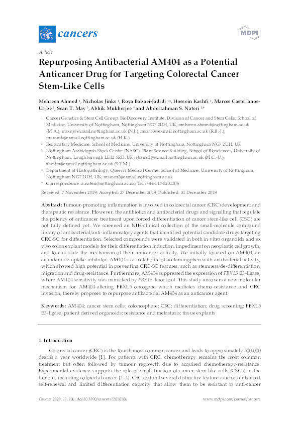 Repurposing Antibacterial AM404 as a Potential Anticancer Drug for Targeting Colorectal Cancer Stem-Like Cells Thumbnail