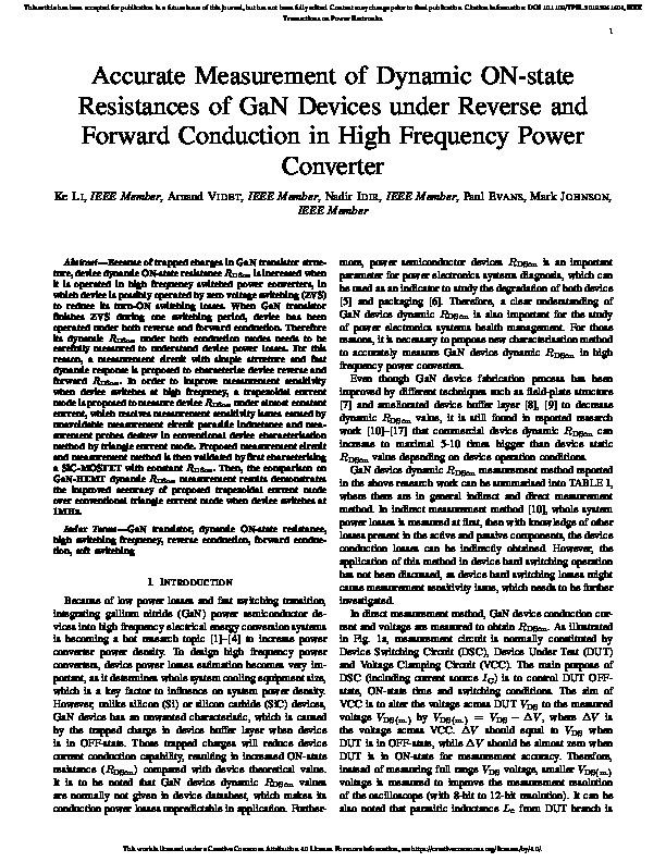 Accurate Measurement of Dynamic ON-state Resistance of GaN Devices under Reverse and Forward Conduction in High Frequency Power Converter Thumbnail