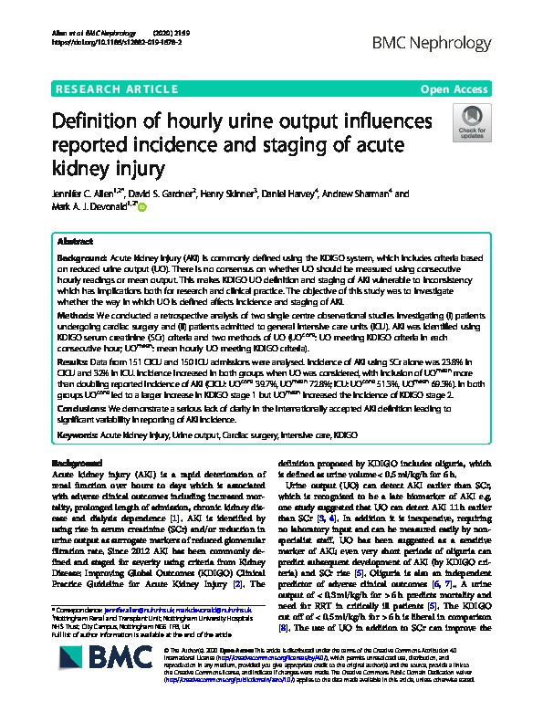 Definition of hourly urine output influences reported incidence and staging of acute kidney injury Thumbnail