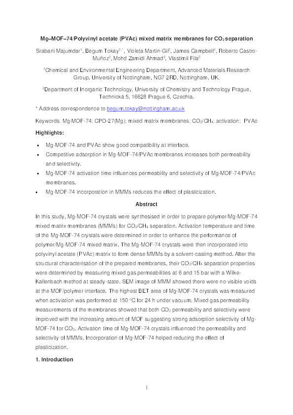 Mg-MOF-74/Polyvinyl acetate (PVAc) mixed matrix membranes for CO2 separation Thumbnail