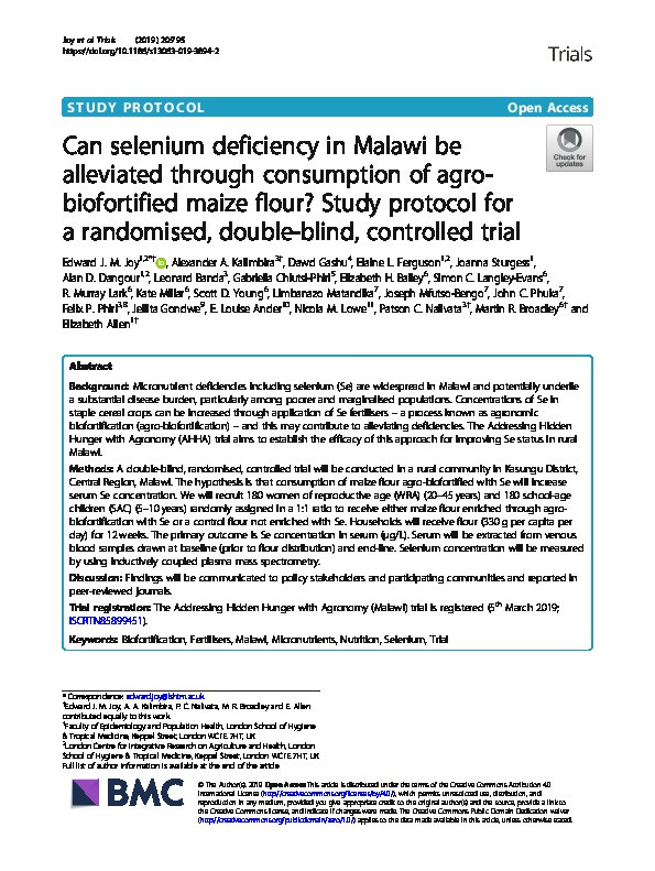 Can selenium deficiency in Malawi be alleviated through consumption of agro-biofortified maize flour? Study protocol for a randomised, double-blind, controlled trial Thumbnail