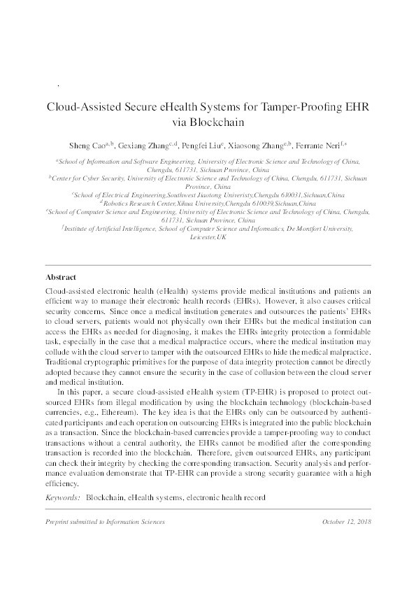 Cloud-assisted secure eHealth systems for tamper-proofing EHR via blockchain Thumbnail