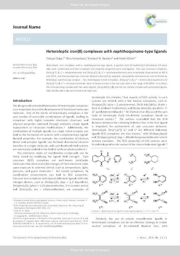 Heteroleptic iron(ii) complexes with naphthoquinone-type ligands Thumbnail