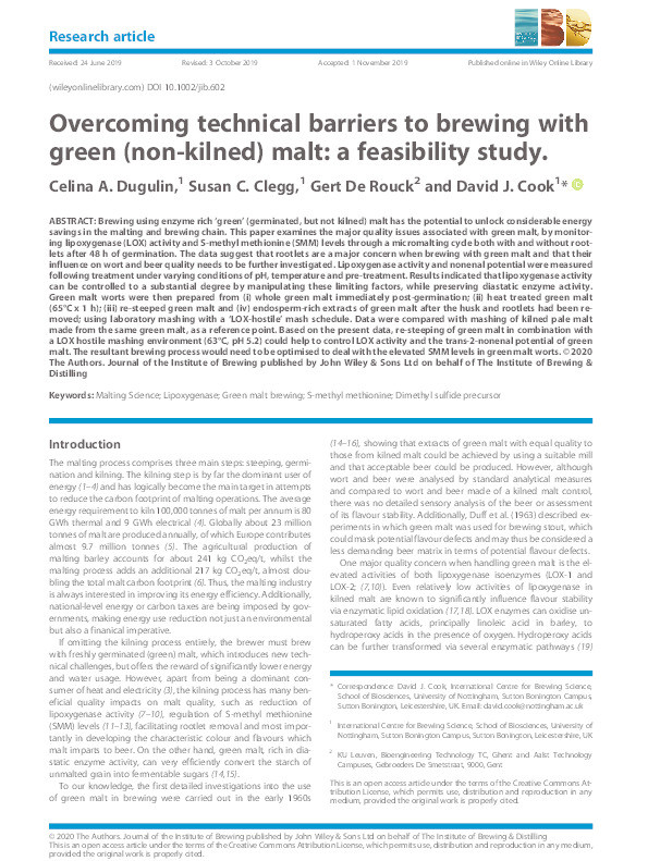 Overcoming technical barriers to brewing with green (non-kilned) malt: a feasibility study Thumbnail